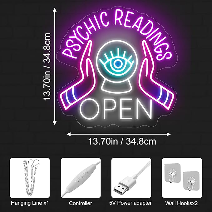 Psychic Readings Open Neon Sign, Palm Reader Wall Light, Home Wall Decor, Yoga Led Sign, Exercise Room Wall Decor, Pilates Studio Art Meditation Room Wall Art Psychic Chakras Healing Exercise
