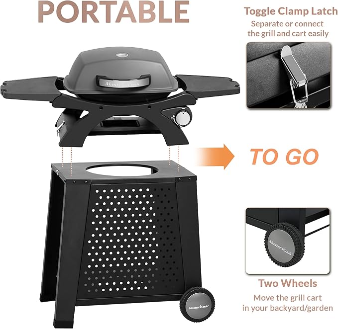 MASTER COOK Single Burner Propane Gas Grill, 266 Sqin Cooking Area, 11,500 BTU Portable Tabletop Barbecue Grill with Cart for Patio, Camping, Travel