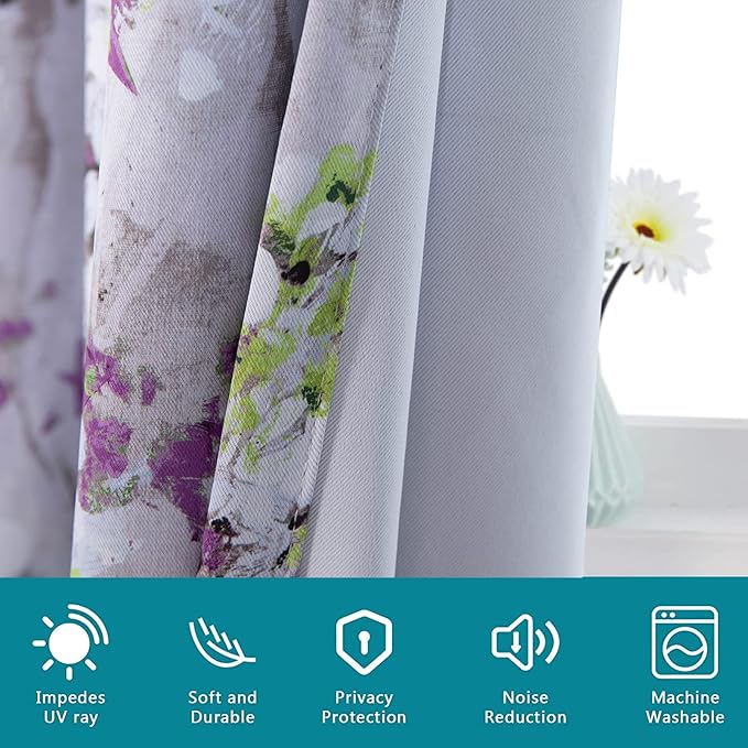 MYSKY HOME Purple Curtains 84 Inch Long 2 Panel Thermal Insulated Half-Blackout Flowers and Leaves Printed Curtains with Grommet