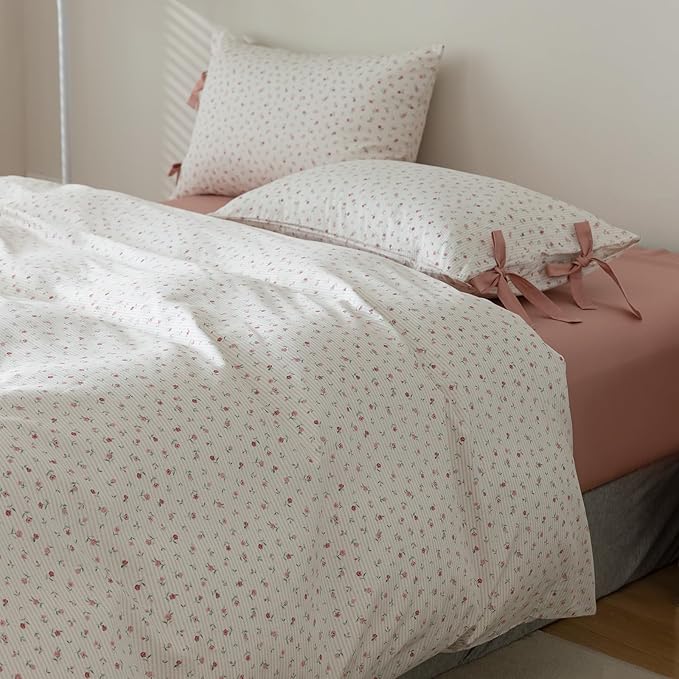EAVD Cotton Duvet Cover King Size Floral Duvet Cover Set Garden Small Pink Floral Bedding Set with 2 Pillowcases Chic Shabby Botanical Pattern Duvet Cover with Zipper Closure