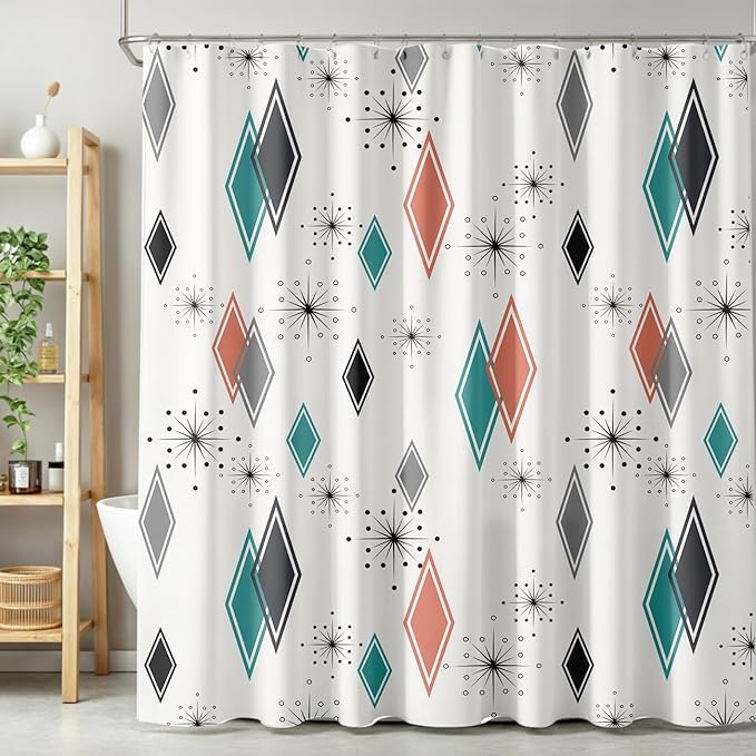 Mid Century Modern Shower Curtain,Retro Abstract Atomic Starburst Geometric Diamond Pattern Shower Curtains Set for Bathroom Fabric Decorative Bath Curtain Washable Curtain Hooks, 72x72 in