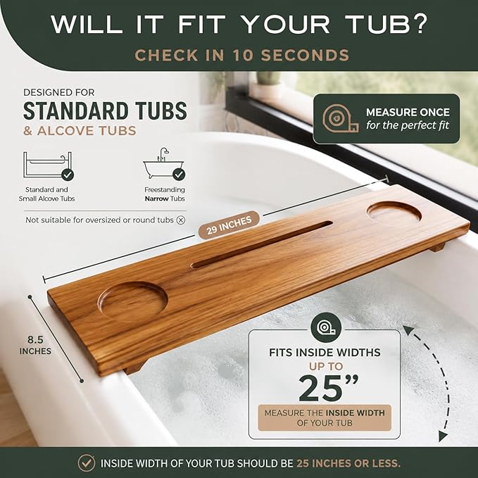Teak Bathtub Tray for Tub 29” | Bath Tub Tray Wood for Small Tubs, Bath Tray for Tub, Bathtub Trays for Tub, Bath Table Tray for Home Spa | Fjord by JapandiSpirit