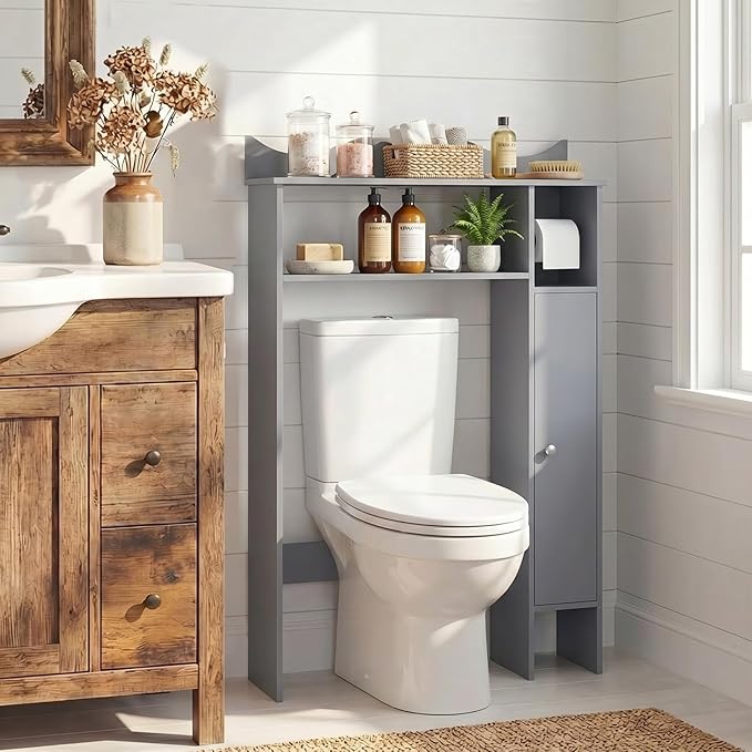 Tangkula Over the Toilet Storage Cabinet, Bathroom Organizer with Toilet Paper Holder, Adjustable Shelves, Freestanding Behind Toilet Stand, Perfect for Bathroom, Laundry (Gray)