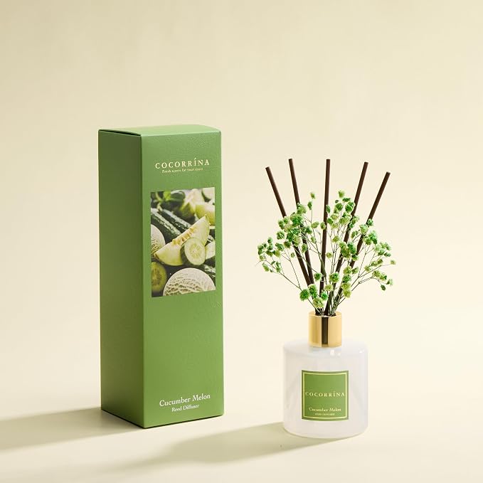 COCORRÍNA Reed Diffuser - Cucumber Melon 6.7 fl oz Reed Diffuser with Sticks, Home Bedrrom Bathroom Shelf Decor