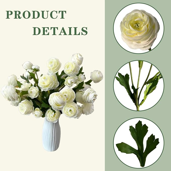 12Pcs Artificial Ranunculus Flowers – 36 Head 16.5" Silk Ranunculus Flowers Bouquets for Home Decor, Wedding Bridal Shower Centerpieces, and DIY Floral Arrangements (White)