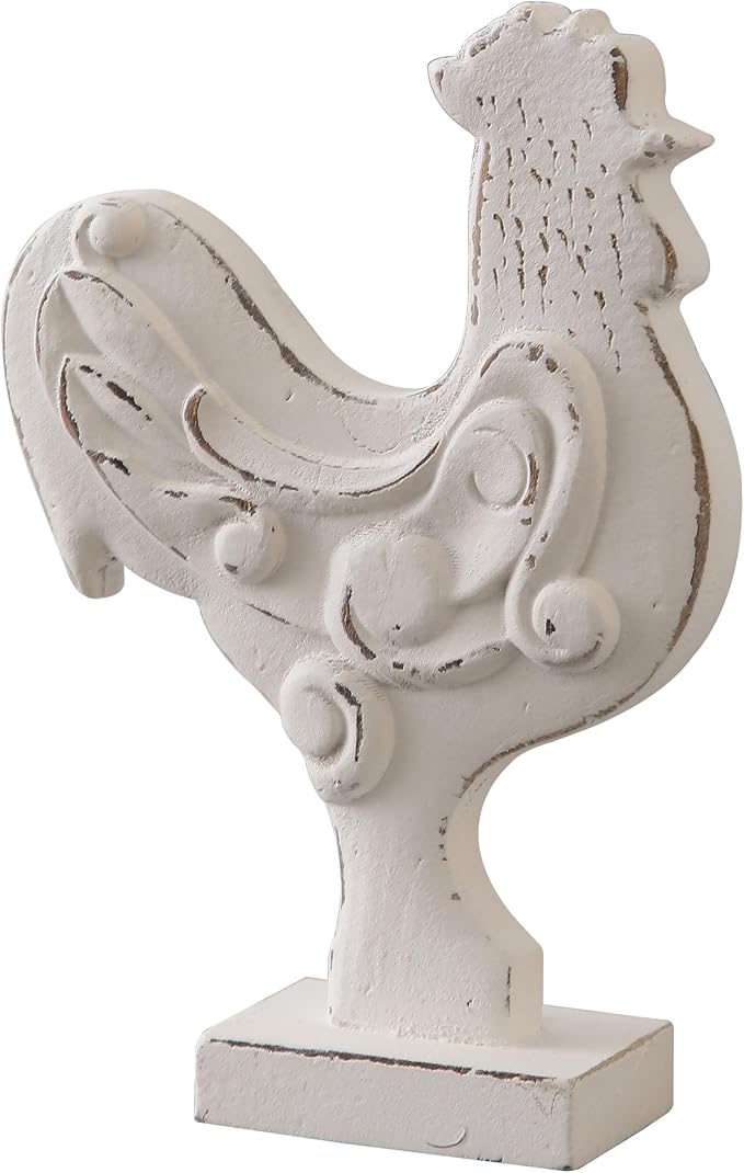 Rustic Small Chicken Statue Kitchen Decor 6 X 8 Inch, Handmade Distressed White Rooster Decor for Tabletop, Wooden Chicken Themed Gifts for Christmas Kitchen Mantel Dining Room Living Room