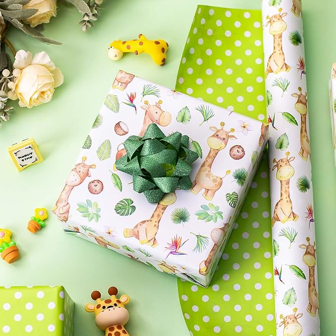 Burymento Giraffe Wrapping Paper, Reversible Dot Design Gift Wrap for Baby Shower, Birthday, Valentines, Mothers day, Graduation, Wedding, Fathers day, Christmas (17 Inch X 32.8 Feet)