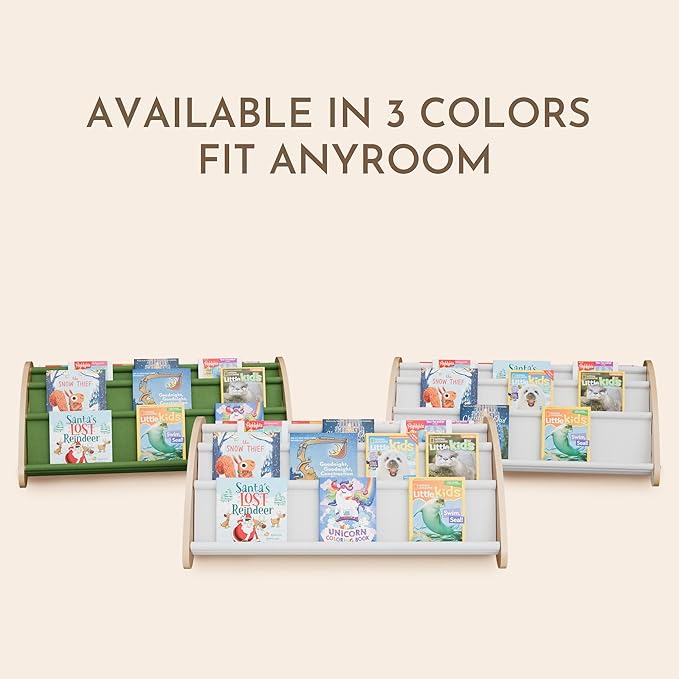 Toddler Bookshelf,4-Tier Book Rack Organizer with Fabric Storage Pockets, Wooden Bookshelves with Open Forward Display, Montessori Book Shelf for Nursery/Playroom, Natural/Green