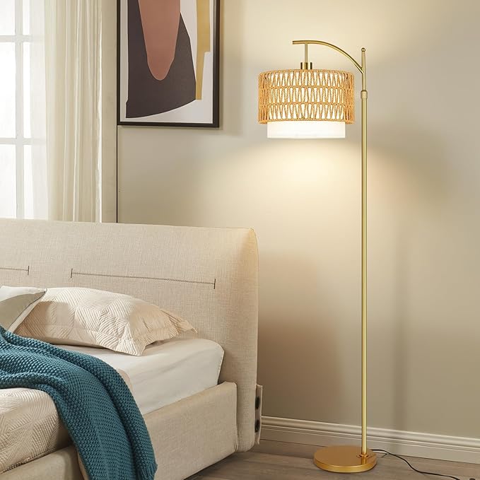 Gold Floor Lamps for Living Room Rattan Boho Floor Lamp with Remote Control & 3 Color Temperature, Dimmable Arc Floor Lamps Wicker Lamp Shades Brass Standing Lamp Tall Floor Lamp For Bedroom Corner