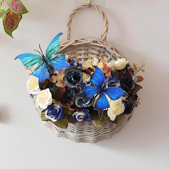 12 PCS Artificial Fabric Butterflies, 2 Sizes Reusable Butterly Crafts Decor, DIY 3D Butterfly Decorations for Fake Flowers Floral Nursery Wedding Tea Party Birthday Easter Spring. (Blue large)