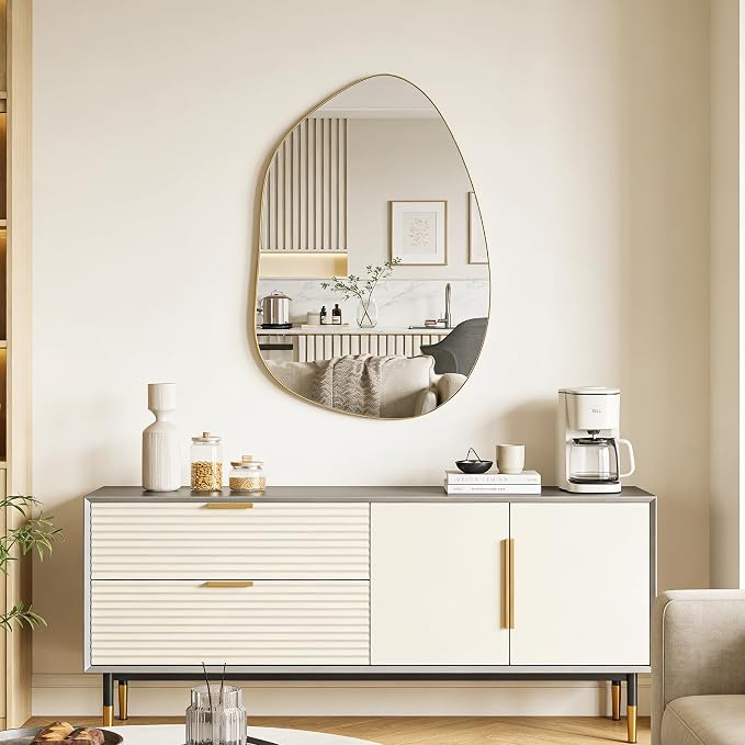 Irregular Wall Mirror Asymmetrical Mirror, Gold Mirror for Bathroom Living Room Entryway Bedroom, Decorative Modern Mirror, Tempered Glass, Shatterproof, Hangs Horizontally or Vertically (32" x 24")