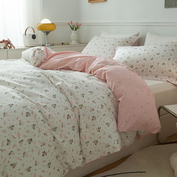 EAVD Vintage Style Pink Floral Duvet Cover Twin XL 100% Cotton Girls White Pink Botanical Bedding Set with 2 Pillowcases Chic Shabby Garden Botanical Floral Twin XL Duvet Cover with Zipper Closure