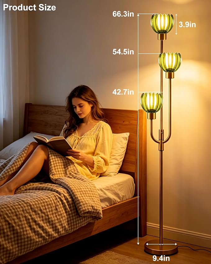 Lightdot 3-Lights Modern Glass Floor Lamp Gold Dimmable Floor Lamps with 3000K Warm White Bulbs for Wedding Party 66IN Tall Standing Lamp with Green Glass Shade for Living Room/Bedroom/Home Decor