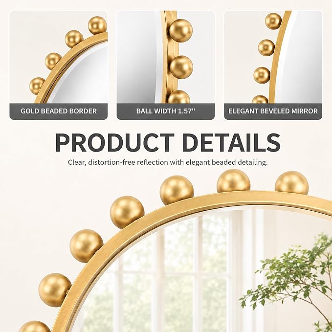 24"x36"Oval Wall Mounted Bathroom Mirror with Beveled Glass, Antique Gold Beaded Ball Frame, Vertical & Horizontal Hanging Vanity Wall Mirror for Bathroom, Bedroom, Entryway, Dressing Room