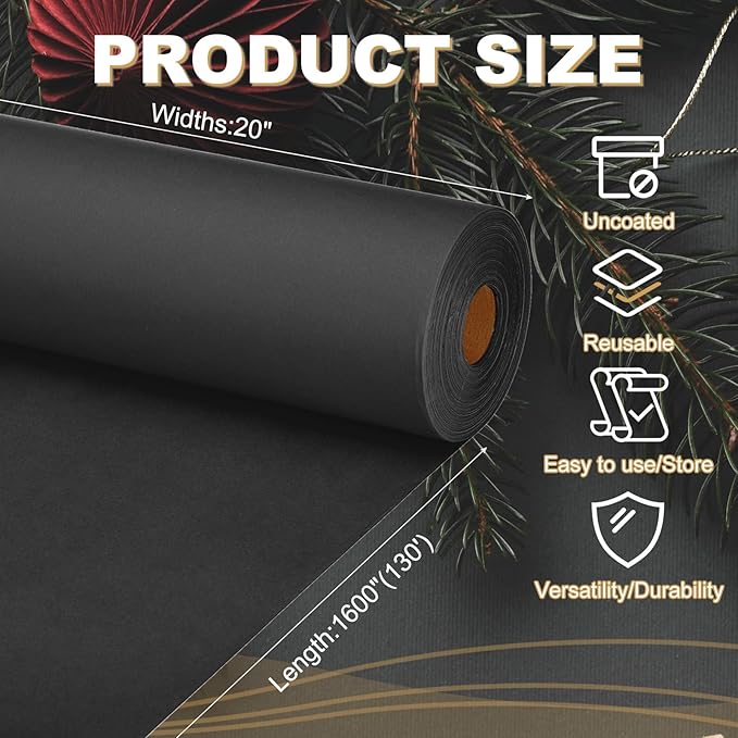 PATIKIL Wrapping Paper, 20"x1600"(130') Bulletin Board Paper Roll Kraft Paper Roll Construction 80GSM for Shipping Packing Gift Wrapping Craft Flower Bouquet Christmas, Black