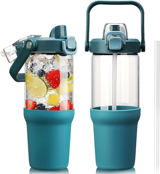 Glass Tumbler with Carry Handle, Clear Glass Water Bottle with Leakproof Lid, Spout Lid&Straw, BPA-Free, 32 oz, Peacock Blue