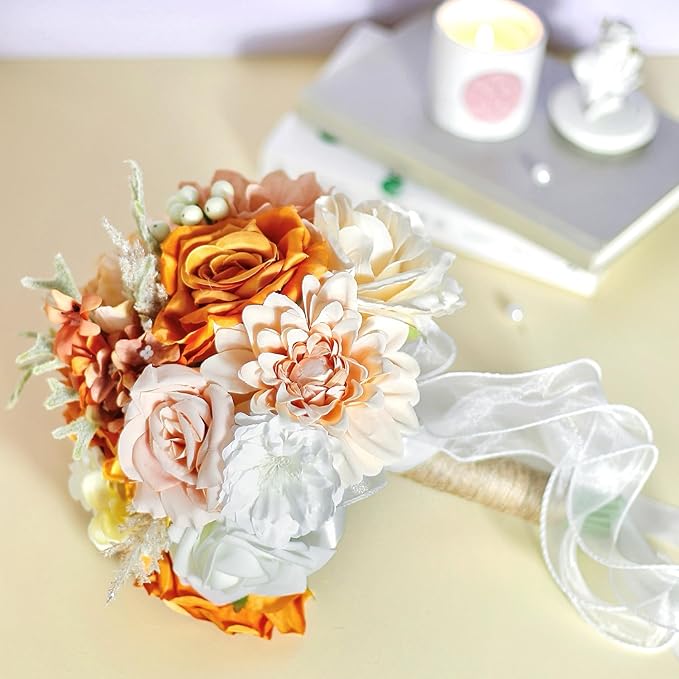 Wedding Bouquets for Bride Bridesmaid,Terracotta Burnt Orange Bouquet Artificial Fake Silk Roses Flowers Bridal Bouquet for Wedding Fall Boho Rustic Church Decoration Toss Bouquet (8.6in(M))