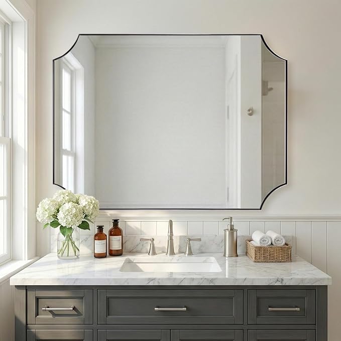 ANDY STAR 36"x48" Large Bathroom Mirror, Chrome Vanity Mirror, Scalloped Rectangle Mirror in Rustproof Stainless Steel Thin Frame, Aesthetic Scalloped Corner Design, Ideal for Large Bathroom Remodel
