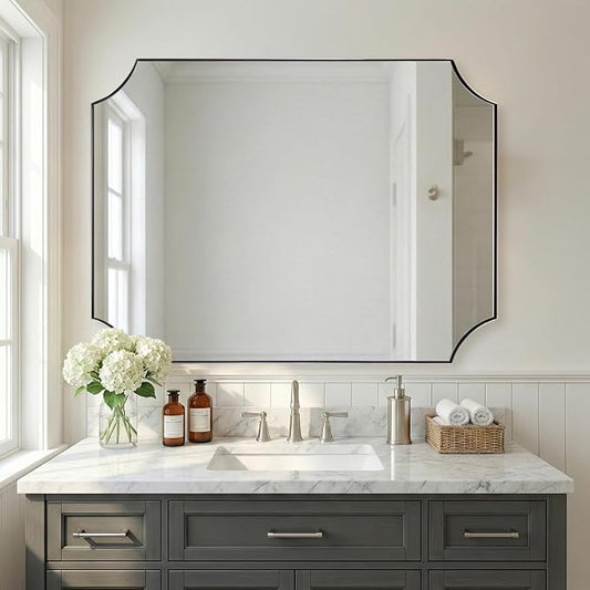 ANDY STAR 36"x48" Large Bathroom Mirror, Chrome Vanity Mirror, Scalloped Rectangle Mirror in Rustproof Stainless Steel Thin Frame, Aesthetic Scalloped Corner Design, Ideal for Large Bathroom Remodel