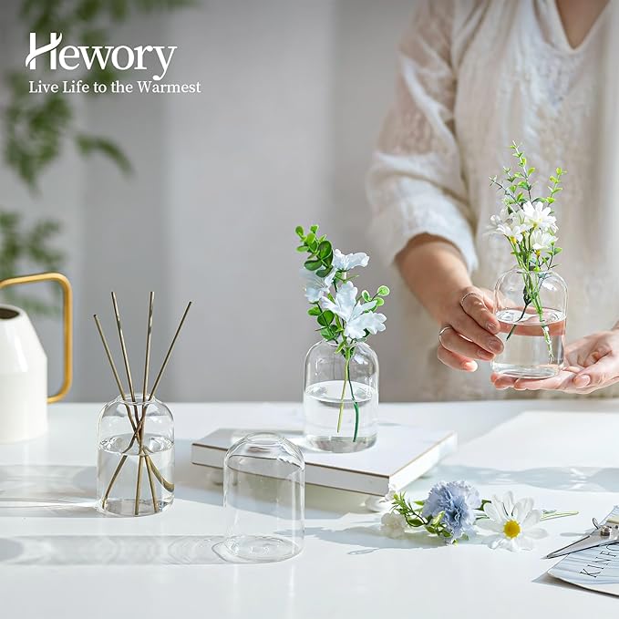 Hewory Glass Bud Vases for Centerpieces: Set of 12 Blown Clear Small Vase Bulk, Mini Cute Flower Vase for Floral Arrangement, Modern Decorations for Wedding Party Event Table Decor, 3.7"(H)×2.75"(D)