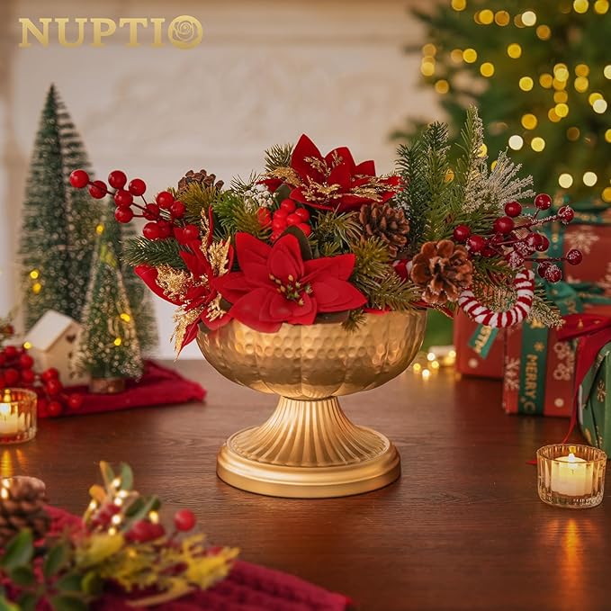 NUPTIO Gold Vases for Centerpieces Wedding: Hammered Brass Compote Vases for Small Flowers Arrangements - Metal Pedestal Bowl for Table Home Decor Set of 10