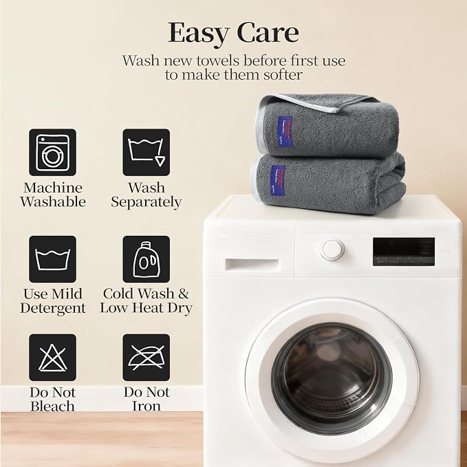 REDKISS 2 Pack Cotton Bath Towels, Soft Absorbent 600 GSM, 27x54 Inch | Quick Dry | Reinforced Stitching | Modern Contrast Border Design | Machine Washable | Bathroom, Gym|Spa & Guest Use | Gray