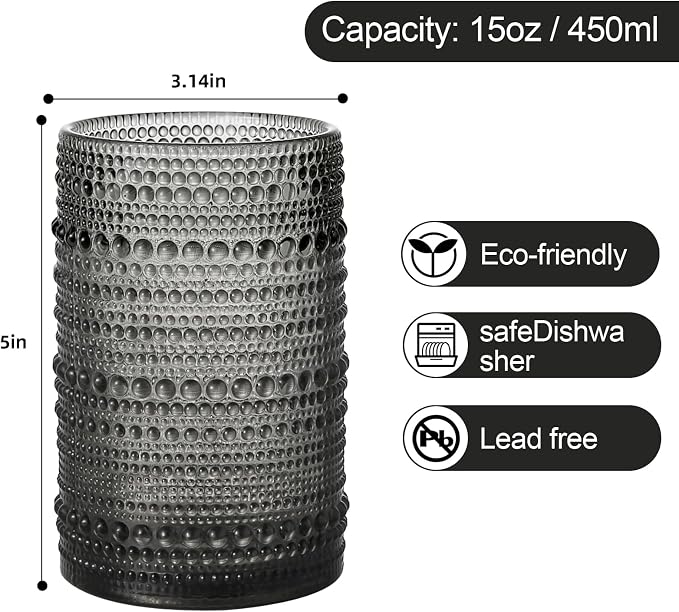 ZMOWIPDL Vintage Glassware Drinking Glasses Set of 6,15 oz Hobnail Glass Cups,Embossed Grey Water Tumbler,for Beer,Cocktail,Whiskey,Juice and Various Mixed Drinks- 1 Cleaning Brush