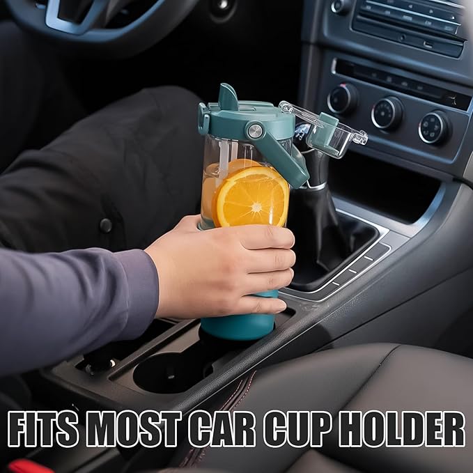 Glass Tumbler with Carry Handle, Clear Glass Water Bottle with Leakproof Lid, Spout Lid&Straw, BPA-Free, 32 oz, Peacock Blue