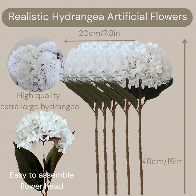 5 x Extra Large Faux Hydrangea Flowers For Centerpiece Table Decorations, Silk Hydrangea Stems Flowers, White Living Room Coffee Table Decor, Hortensias Artificiales, Realistic Lifelike, 19in Tall