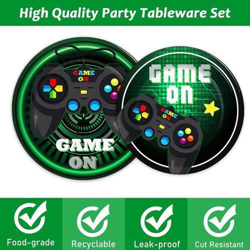 Skiennix 96 Pcs Gaming Party Tableware Set - Green Video Game Plates & Napkins for 24 Guests