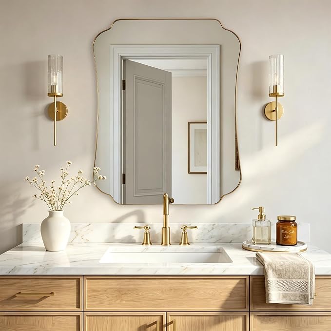 ANDY STAR 24"x30" Gold Mirror, Brushed Brass Scalloped Wall Mirror, Bathroom Wall Mirror with Stainless Steel Metal Framed Ideal for Bedroom, Hallway