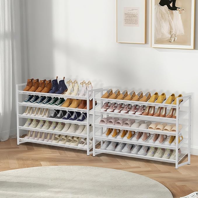 NEYCIL Large Shoe Rack 10 Tier Shoe Organizer, Heavy Duty Metal 5-Tier Stackable Shoe Storage Vertical Shoe Rack for Closet Front Door Entrance, Up to 62 Pairs, 44.8" W x 11.4" D x 71.2" H, White