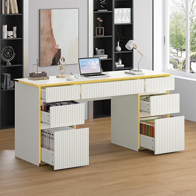58 Inch White Desk with 7 Drawers, White and Gold Computer Desk with File Drawers for Bedroom, Home Office Desk for Study, Living Room