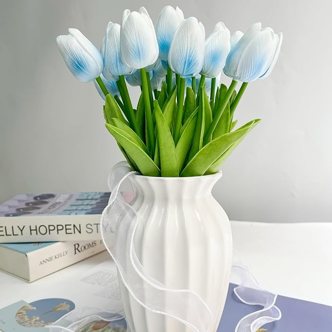 20 Pcs 13” Real Touch Light-Blue Tulips Artificial Flowers, Latex PU Fake Faux Flowers, for Wedding Bouquet Home Decor