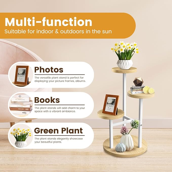 GEEBOBO 3 Tier Plant Stand Indoor, Metal Wood Plant Stands For Indoor Plants Multiple, Corner Tiered Flower Plants Shelf Stand for Living Room Bedroom, White