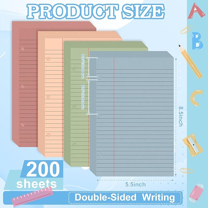 200 Sheets Half Letter Lined Paper 5.5 X 8.5 In Colored Notebook Paper College Ruled Loose Leaf Paper 3 Hole Punched Half Mini Binder Inserts Fit 3 Ring Binder for School Office