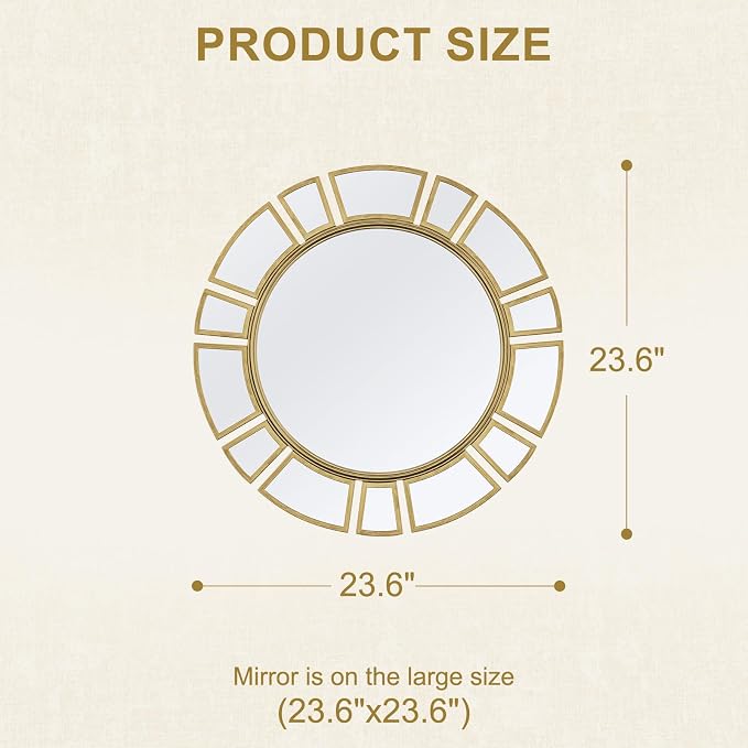 CozyDH Retro Gold Sunburst Mirror Decor - 24 inch Round Wall Mirror Decorative with Metal Frame Modern Bohemian Sun Art Decor Mirror for Entryway Bedroom Living Room Hallway Bathroom Fireplace