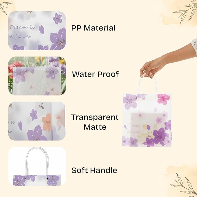 12 Pack Gift Bags with Cherry Blossom Design, Floral Plastic Totes for Wedding Favors, Party Goodies & Gifts