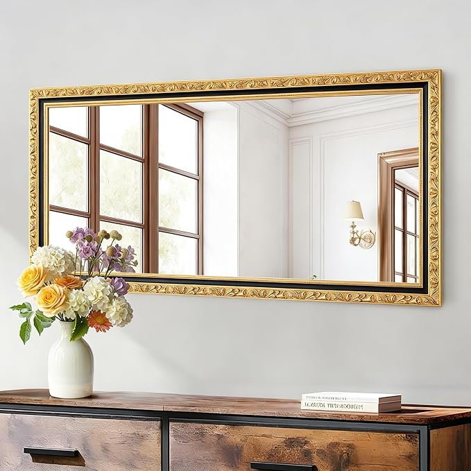 Large Antique Wall Decorative Mirror, 46'' x 22'' Black Gold Retro Wall Decor Mirror, Rectangular Vintage Gold Mirrors for Bathroom, Entryway, Dining Room, Fireplace