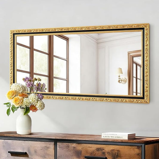 Large Antique Wall Decorative Mirror, 46'' x 22'' Black Gold Retro Wall Decor Mirror, Rectangular Vintage Gold Mirrors for Bathroom, Entryway, Dining Room, Fireplace