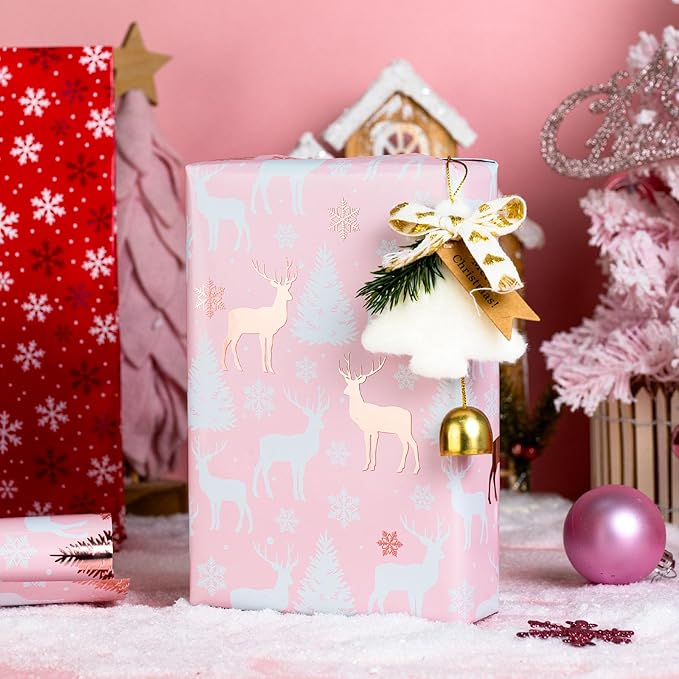 MAYPLUSS Christmas Wrapping Paper Roll, 17 Inch X 16.5 Feet Gift Wrapping Paper Featuring Tree Reindeer Reversible Snowflake Merry Christmas Thick Wrap Paper for Holiday Party New Year Kids