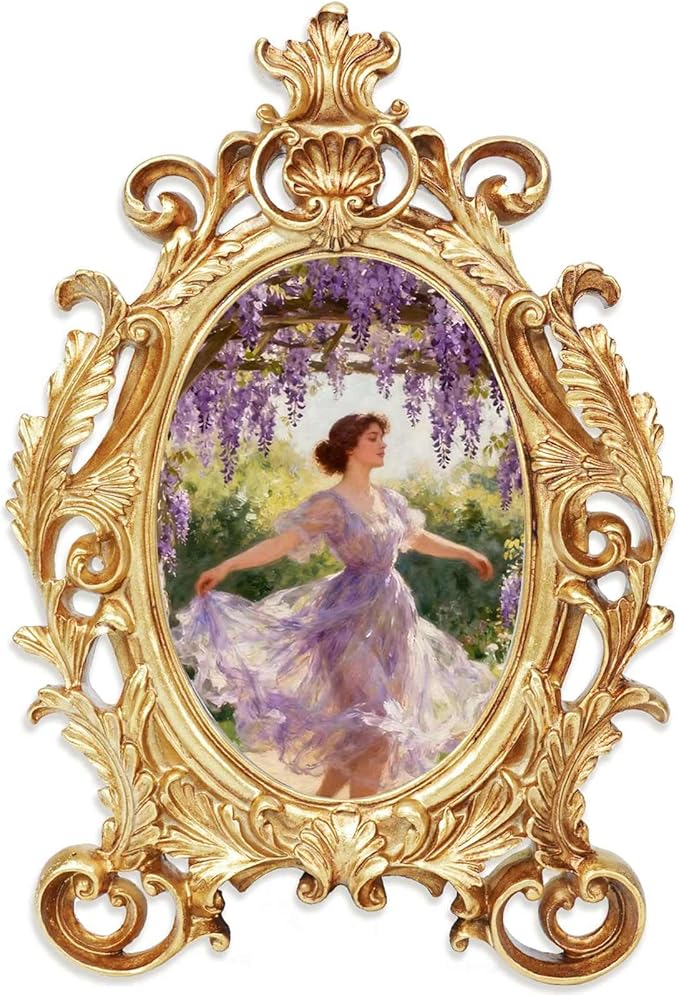 Gold Picture Frames, 5x7 Oval Vintage Photo Frame, Classic Carved Resin Picture Frame with Glass Front, Ornate Hand-Crafted Photo Frames for Tabletop or Wall Hanging, Photos Display Frame