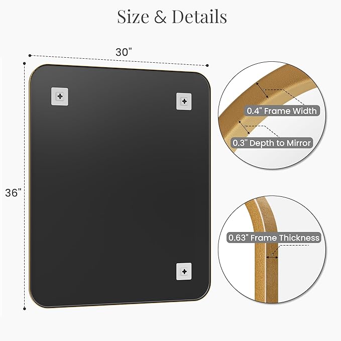 30x36 Inch Antique Gold Bathroom Vanity Mirrors | Flush Mount Deep Set Metal Wall Mirror for Over Sink | HD Shatterproof Glass, Rustproof | 1 Pack