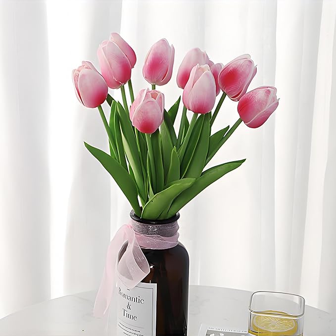 10 Pcs Rose Red Artificial Tulip Silk Fake Flowers 13" for Home Office Wedding Decor Arrangement Bouquet Faux Flowers for Decoration