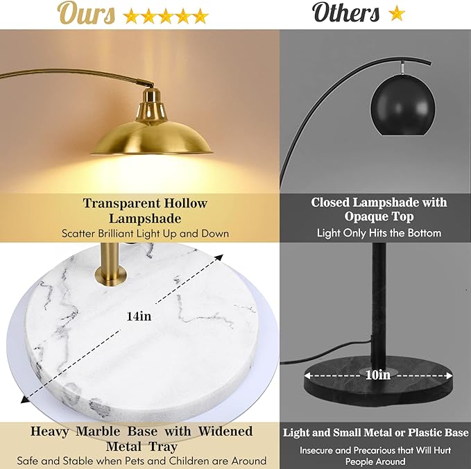 FILIYANO Gold Brass Arc Floor Lamp for Living Room - Mid Century Modern Standing Lamp, Overhanging Floor Lamps, Arch Stand Up Lamp & Floor Light with White Marble Base, Ideal for Bedroom Study Room