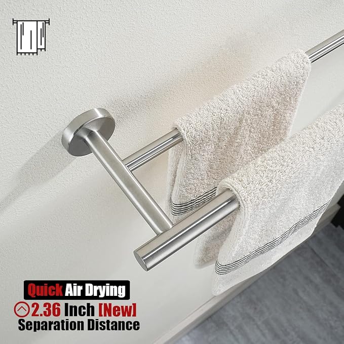 JQK Double Bath Towel Bar, 20.5 Inch 304 Stainless Steel Thicken 0.8mm Towel Rack Bathroom, Towel Holder Brushed Finished Wall Mount, Useable Length 18 Inch 2 Pack, TB100L18-BN-P2