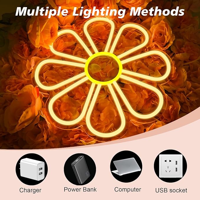 Flower Neon Signs Warm White LED Neon Light for Wall Decor Flowers Shaped Light up Sign for Bedroom, Christmas Gift, Shop, Teen Room, Dormitory (12.6 x12.6 inch)
