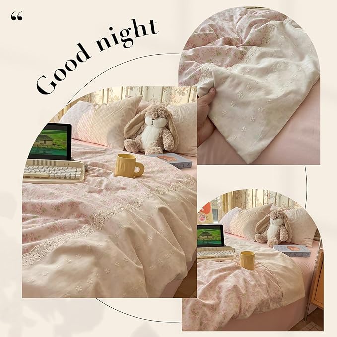 LifeTB Pink Floral Duvet Cover Queen Romantic Lace Bedding Set Garden Style Cottagecore Flower Duvet Cover with Zipper Closure Soft Washed Microfiber Botanical Comforter Cover for Teen Girls