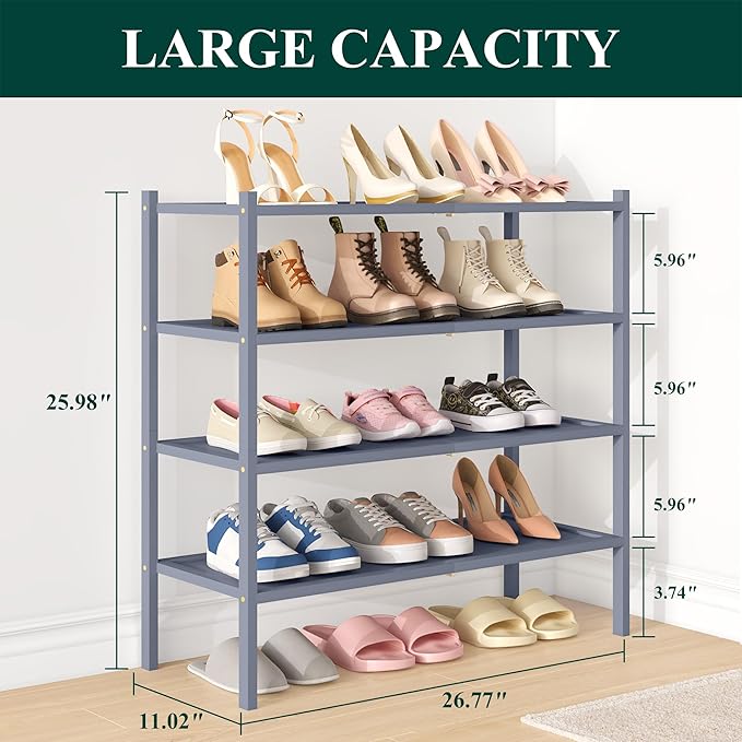 Smiry Bamboo Shoe Rack, 4 Tier Shoe Organizer for Entryway & Closet, Stackable Free Standing Storage Shelf for Shoes, Bags & Plants, Grey