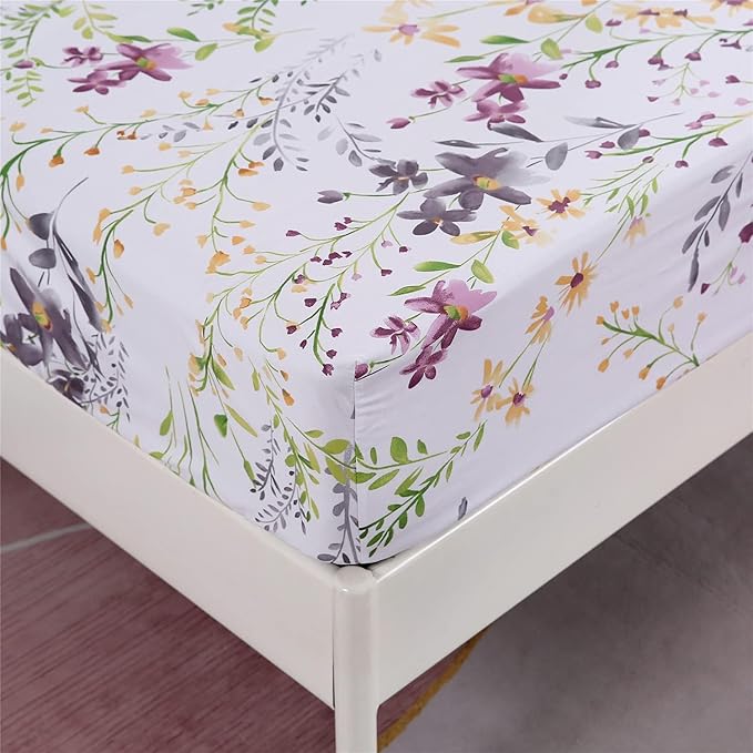 RYNGHIPY Cotton Floral Bed Sheet Set Queen Size Botanical Flowers Print Bedding Shabby Garden Floral Bed Sheets